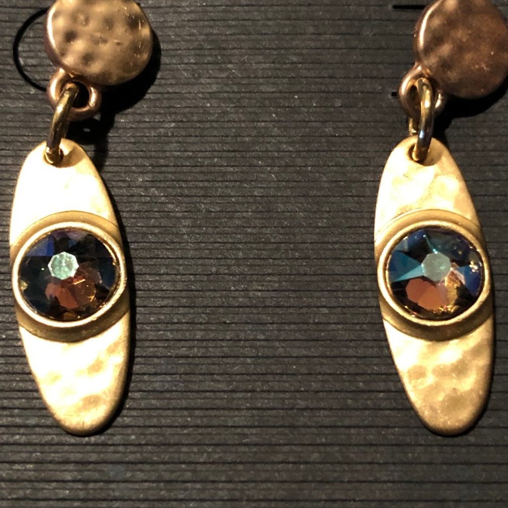 Matte Gold & Multi Color Rhinestone Dangle Earrings - Picture 2 of 3